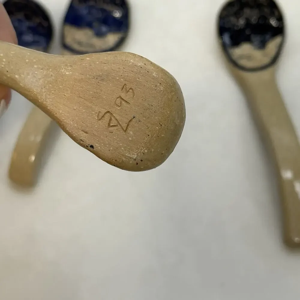 Sylvia Lawson NC Pottery Blue Sgrafitto Small Spoons Signed Pilot Mountain 1993